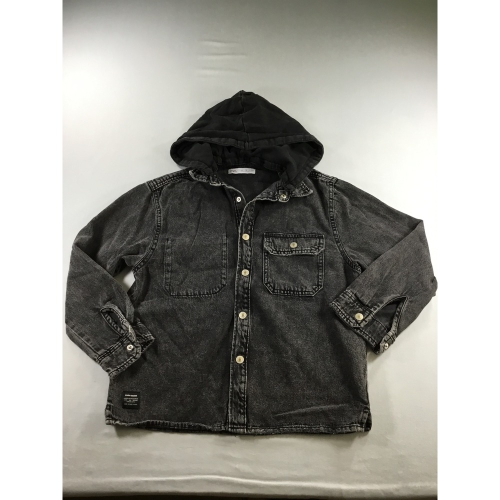 Zara Distressed Denim 10 Shirt Jacket Hooded Black Acid Wash Grunge Punk Y2K